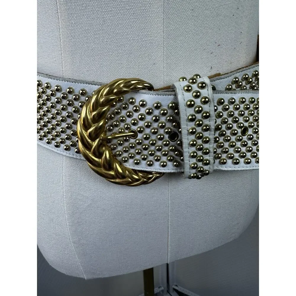 SAND CASTLE Vintage Studded Crystal Ivory Leather Belt Women's M (27”34